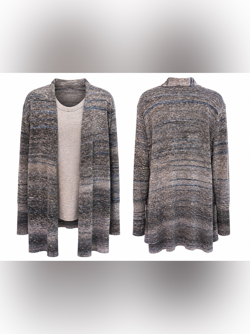Leo & Nicole Marled Open Front Long Cardigan Sweater Gray Blue
